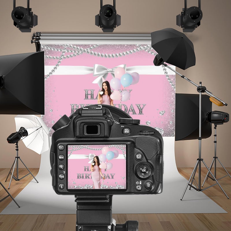 Baocicco 8x6.5ft Pink Happy Birthday Backdrop Photography Background Silver Bowknot Pearl Necklace Diamonds Backdrop Birthday Party Girls Princess Portrait Photo Studio Video Props - Image 2